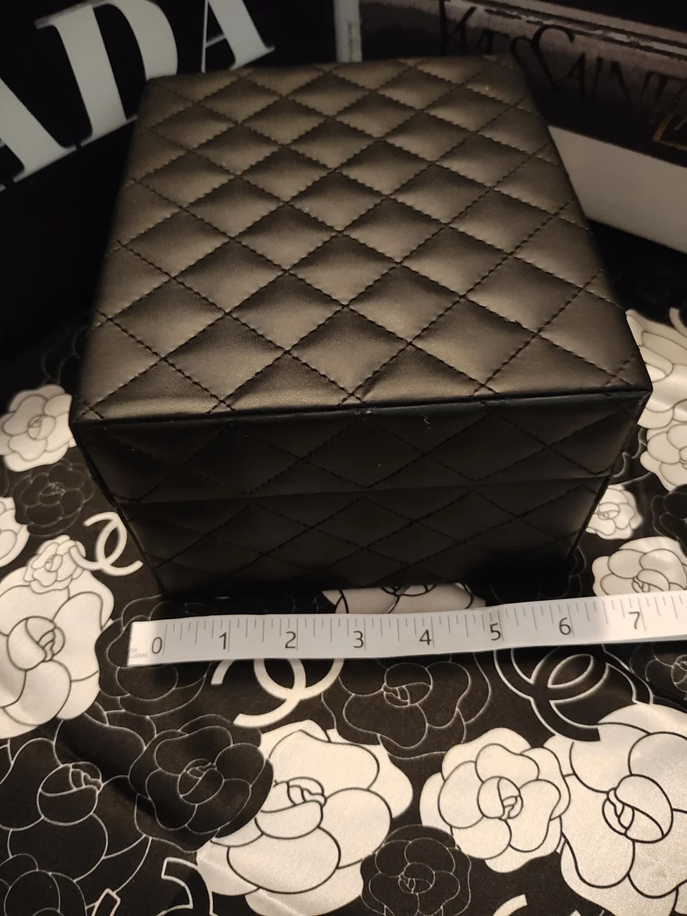 Black Quilted Jewelry Case with Gold Logo Accents And Mirror